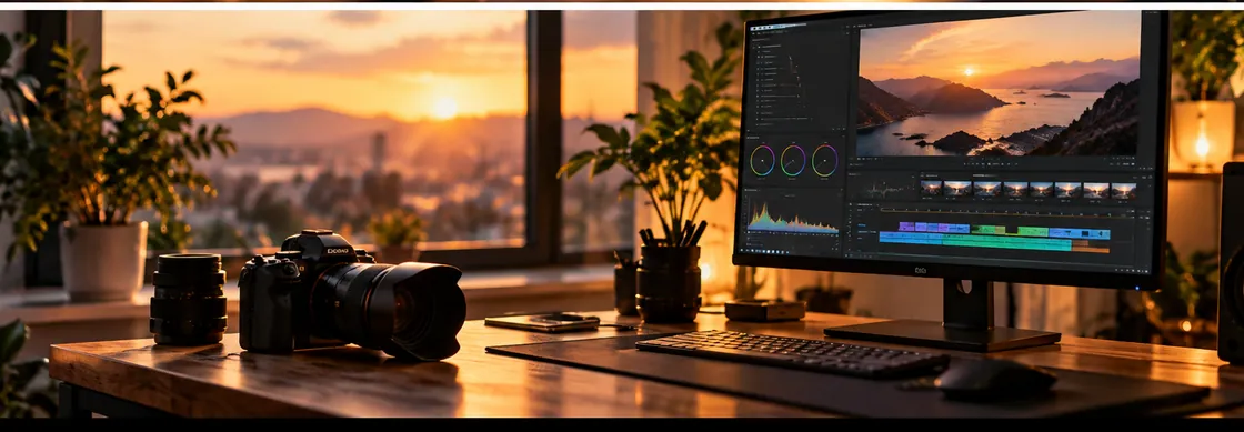 Sunset-lit creator workstation with camera, editing monitor and plants