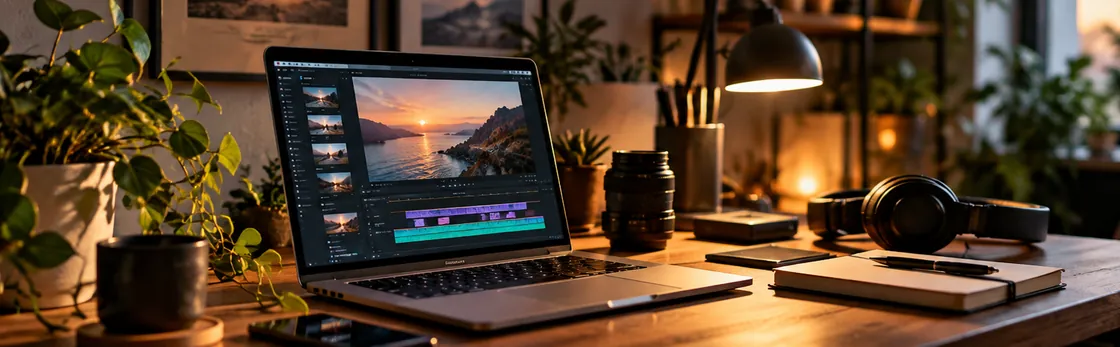 Warm creative editing studio with laptop and headphones